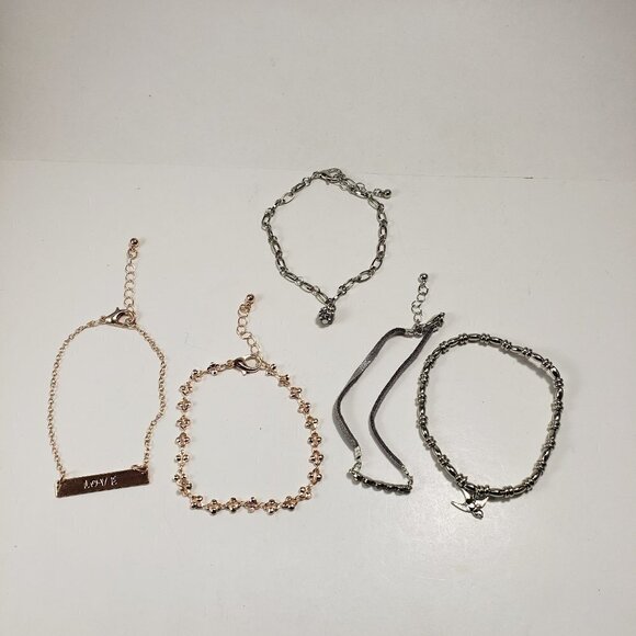 Set of 5 Bracelets: Rose Gold-tone, Gold-tone, Leather, and Silver-tone & Charms - Picture 5 of 5